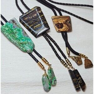 3 VNTG Really Nice Bolo Ties Chrysocolla Tiger Eye Bennett Jasper Matching Ends
